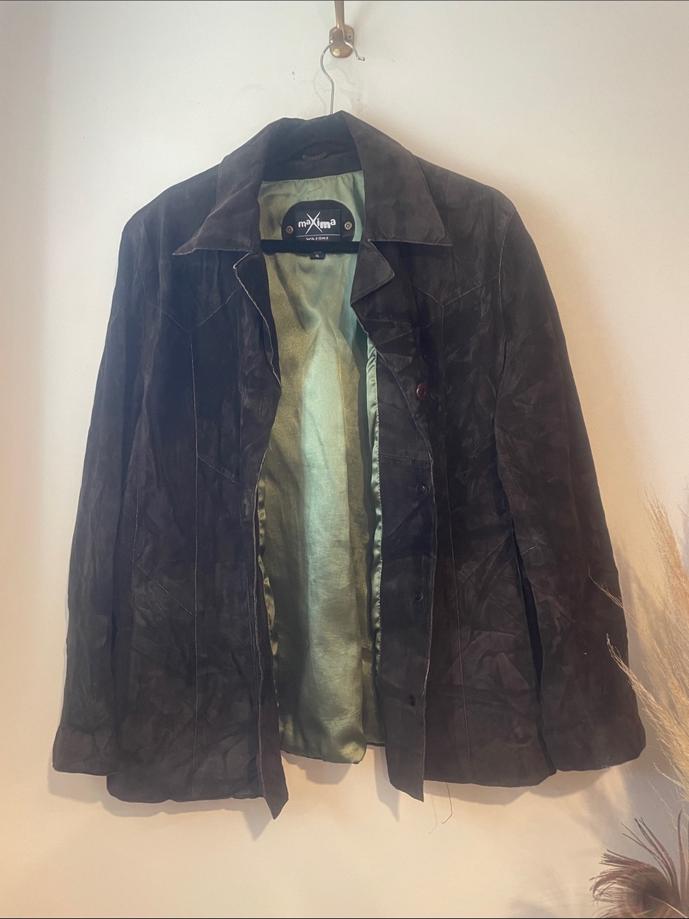 Wilson Maxima Black Suede Jacket with Green Satin Lining Sz XL B130